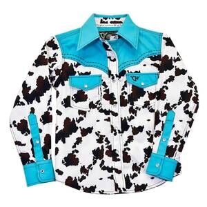 NEW COWGIRL HARDWARE kids' yolk moody cow long sleeve shirt in turquoise white